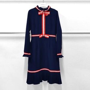 GRACIA NAVY STRIPE PLEATED DRESS